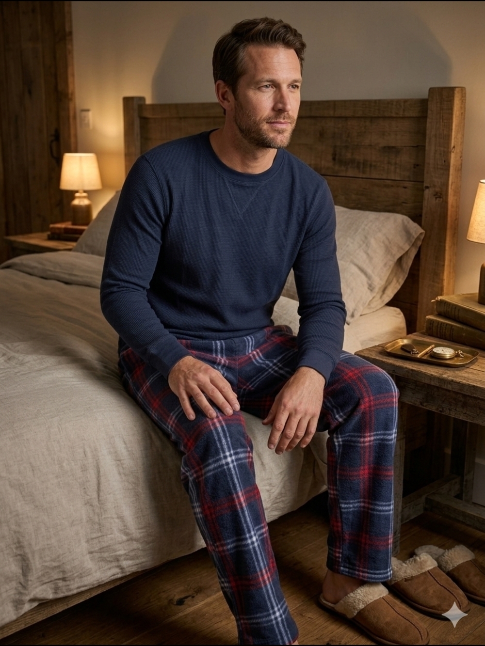 Nevada Men’s 2-Piece Pajama Set - Navy Waffle Knit Top & Plaid Fleece Pants (L)